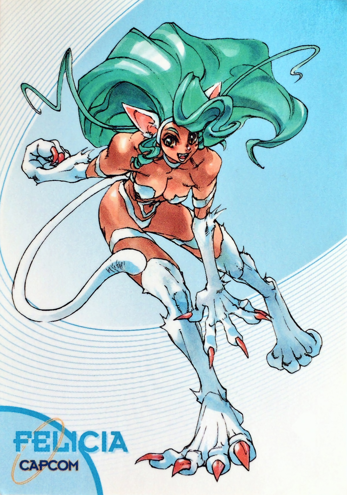 animal_ears animal_hands aqua_hair brown_eyes capcom cat_ears cat_tail character_name claws copyright_name felicia_(darkstalkers) full_body fur highres long_hair looking_at_viewer muscular muscular_female open_mouth solo tail darkstalkers yuuki_nobuteru