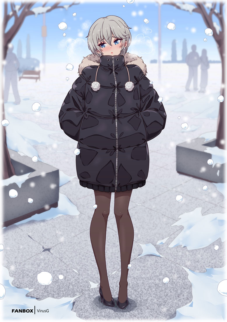 1girl :o anastasia_(idolmaster) averting_eyes black_coat black_shoes blush brown_thighhighs coat commentary english_commentary fanbox_username full_body fur-trimmed_hood fur_trim grey_hair hands_in_pockets high_heels hood hooded_coat idolmaster idolmaster_cinderella_girls outdoors padded_coat people pom_pom_(clothes) shoes short_hair snow snowing solo_focus thighhighs virus-g