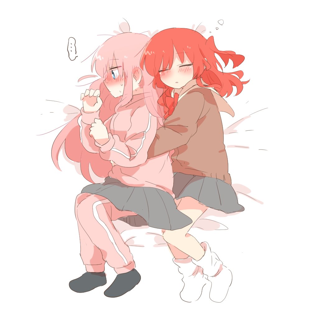 ... 2girls ahoge bed_sheet black_socks blue_eyes blush bocchi_the_rock! detached_ahoge full-face_blush gotoh_hitori hair_blush jacket kita_ikuyo long_hair multiple_girls pants pants_under_skirt pink_hair pink_jacket pink_pants pink_track_suit rebecca_(keinelove) red_hair school_uniform shuka_high_school_uniform side_ahoge side_ponytail simple_background sleeping sleeping_on_person socks spooning squeans track_jacket track_suit white_background white_socks yuri