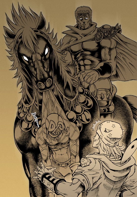 3boys ashiro_(collective-mind) bad_id bad_pixiv_id blank_eyes cape crossover diego_brando hokuto_no_ken horse johnny_joestar jojo_no_kimyou_na_bouken kokuoh-go kokuoh_(hokuto_no_ken) male_focus monochrome multiple_boys raoh raoh_(hokuto_no_ken) steel_ball_run wryyyyyyyyyyyyyyyyyyyy