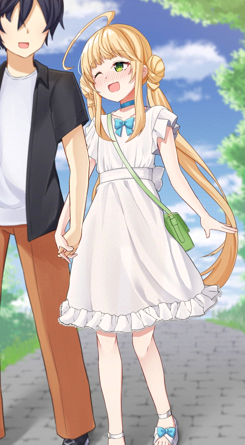 1boy 1girl ;d bag black_footwear black_hair black_jacket blonde_hair blue_bow blue_choker blue_sky blush bow brown_pants character_request choker cloud commentary_request day double_bun dress frilled_dress frills green_eyes grey_shirt hair_bun highres holding_hands interlocked_fingers jacket long_hair low_twintails nenosame nose_blush one_eye_closed open_clothes open_jacket open_mouth outdoors pants sandals shirt shoes shoulder_bag sky smile twinkle_star_knights twintails very_long_hair white_dress white_footwear