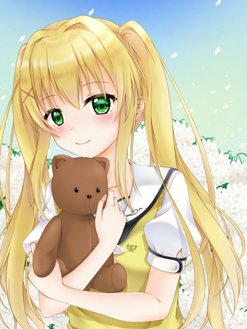 1girl blonde_hair blush closed_mouth commentary crossed_arms eyelashes eyes_visible_through_hair falling_petals flower green_eyes hair_between_eyes hair_intakes hair_ornament holding holding_stuffed_toy long_hair looking_at_viewer mini_dang01 off-shoulder_shirt off_shoulder petals sailor_collar school_uniform shirt sidelocks smile solo straight_hair stuffed_animal stuffed_toy summer_pockets sweater_vest teddy_bear tsumugi_wenders twintails upper_body very_long_hair white_flower white_sailor_collar x_hair_ornament yellow_sweater_vest