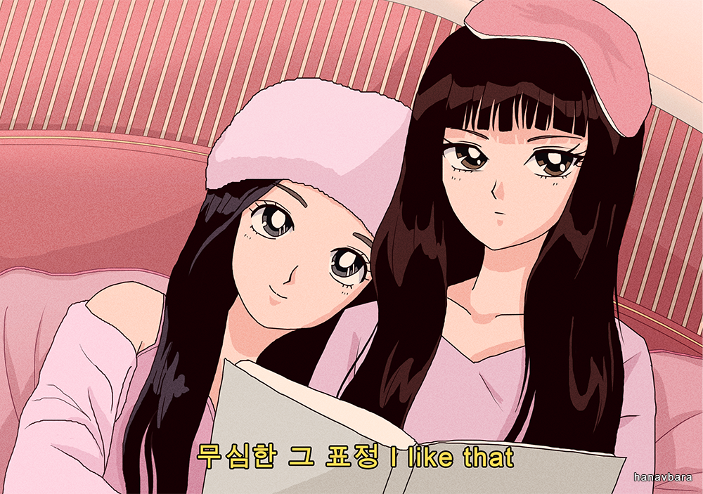 1990s_(style) 2girls blindfold blunt_bangs book brown_eyes closed_mouth commentary english_commentary hanavbara head_on_another&#039;s_shoulder holding holding_book irene_(red_velvet) long_hair looking_at_viewer multiple_girls on_bed pink_shirt real_life red_velvet_(group) retro_artstyle seulgi_(red_velvet) shirt smile upper_body