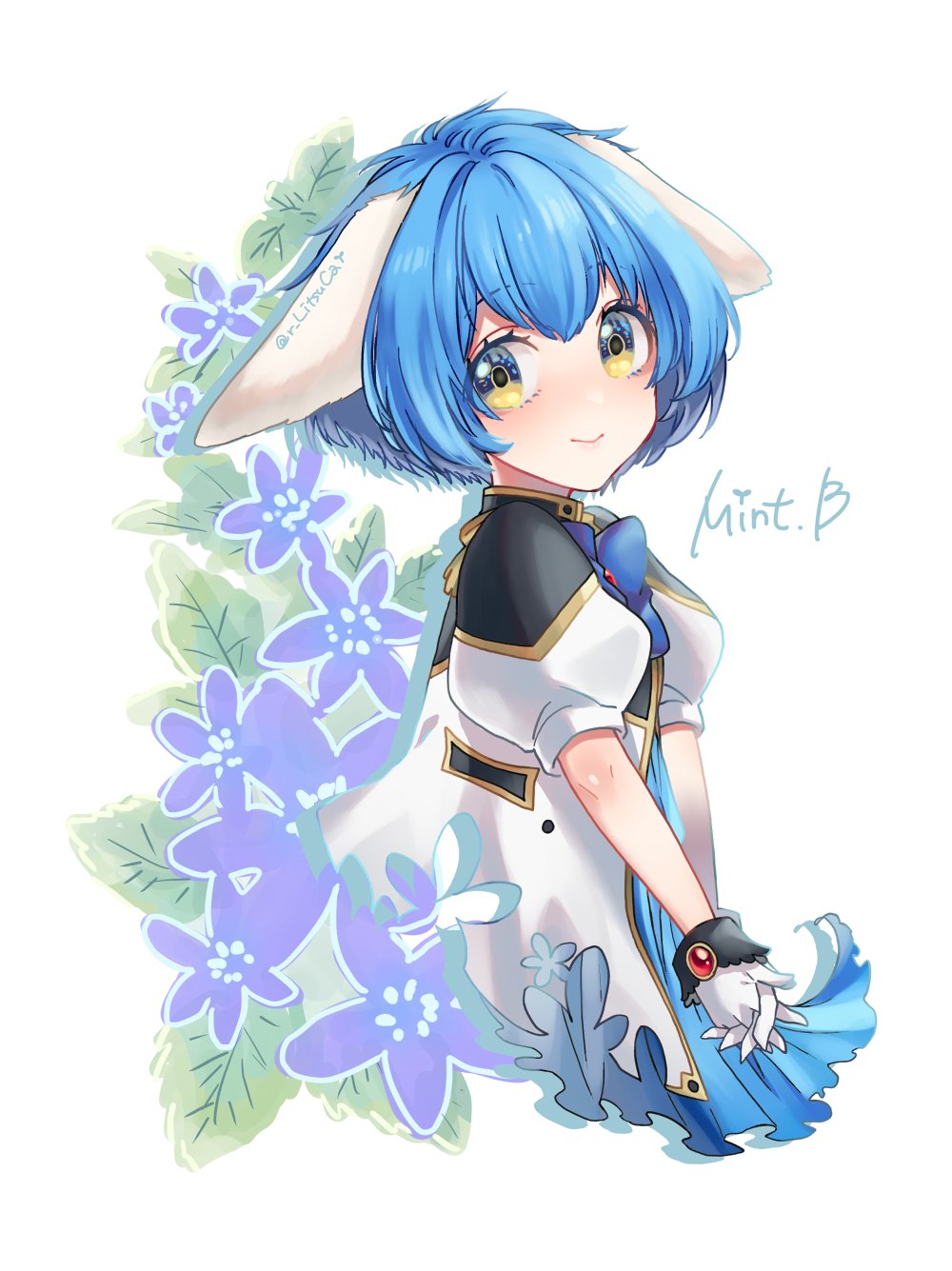 1girl animal_ears blue_bow blue_bowtie blue_dress blue_hair bow bowtie character_name dress flower galaxy_angel gloves highres looking_at_viewer military_uniform mint_blancmanche monocle own_hands_together puffy_short_sleeves puffy_sleeves ritsu_(r_litsuca) short_hair short_sleeves smile solo upper_body white_gloves yellow_eyes