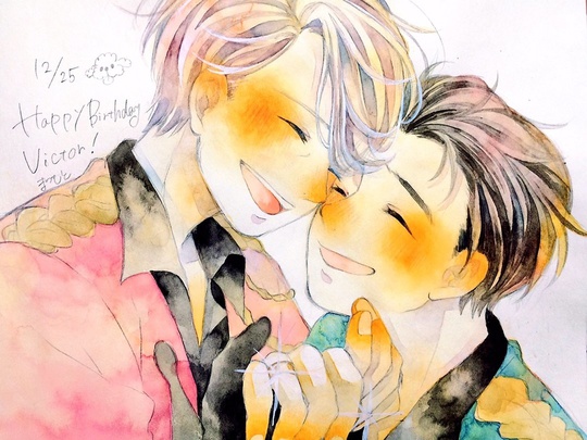 10s 2boys ^_^ birthday blush closed_eyes dated engagement_ring happy_birthday jewelry katsuki_mari katsuki_yuuri male_focus multiple_boys nozimami oekaki ring smile sparkle text_focus traditional_media viktor_nikiforov yuri!!!_on_ice