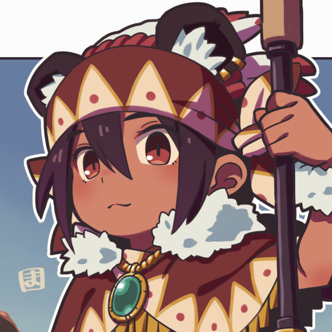 1girl animal_ear_fluff animal_ears arm_up brooch brown_capelet capelet closed_mouth commentary_request dark-skinned_female dark_skin ear_piercing hair_between_eyes holding jewelry looking_at_viewer mawaru_(mawaru) original outline piercing purple_hair red_eyes smile solo upper_body white_outline