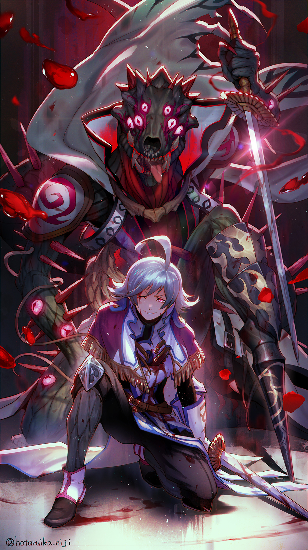 1boy ahoge alloces_(megido72) belt black_pants bleeding blood blood_on_clothes blood_on_face capelet commentary_request demon_horns gloves gold_trim highres holding holding_sword holding_weapon horns hotaruika_niji injury kneeling male_focus megido72 monster on_one_knee pants red_eyes silver_hair sword weapon white_gloves