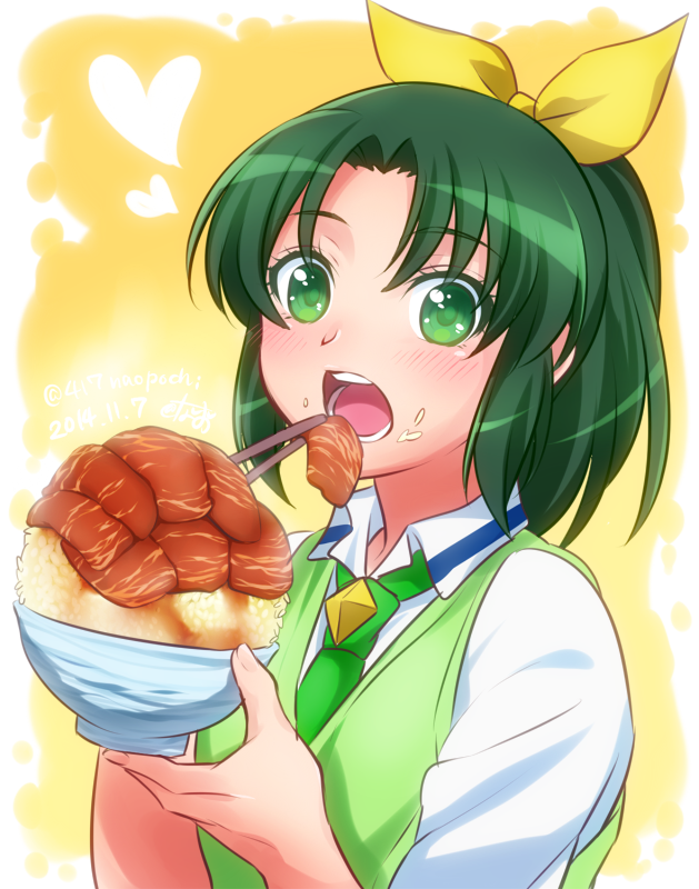 0417nao 10s 1girl blush bow bowl eating female_focus food food_on_face food_request green_eyes green_hair green_necktie green_sweater_vest hair_bow heart matching_hair/eyes midorikawa_nao necktie open_mouth precure rice rice_on_face smile_precure! solo sweater_vest