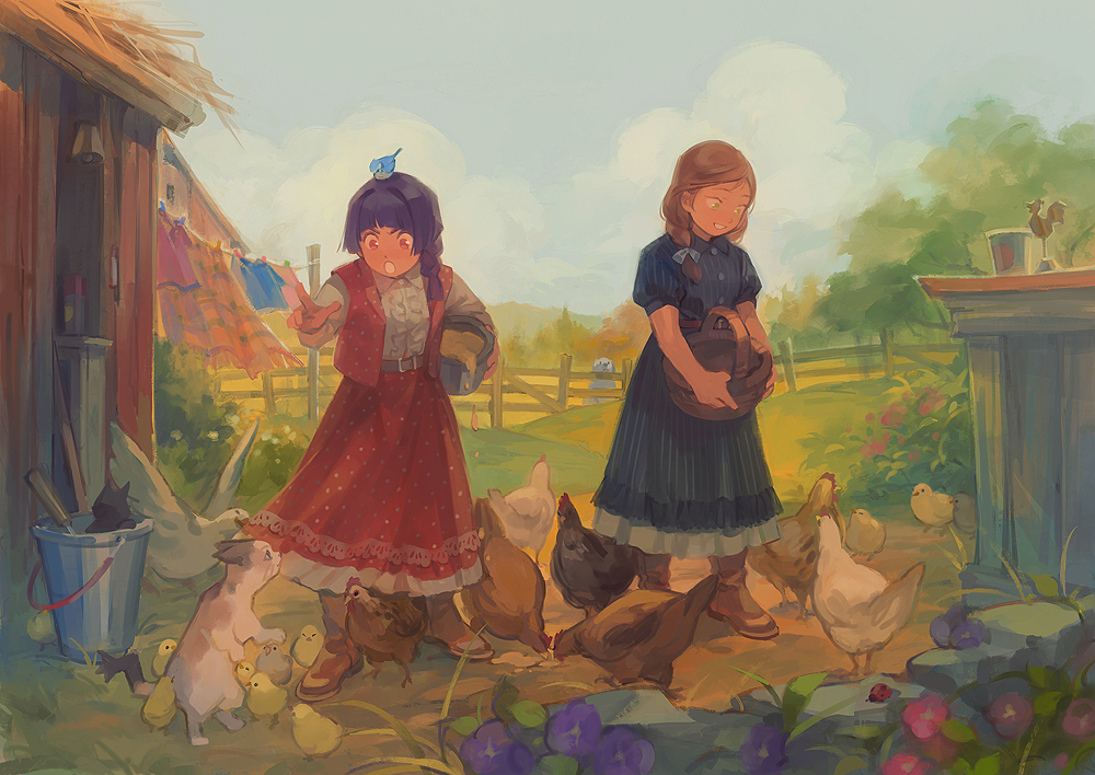 2girls :o animal animal_on_head basket bell belt belt_buckle bird bird_on_head black_cat blue_bow blue_dress blunt_bangs blunt_ends boots bow braid brown_belt brown_eyes brown_footwear bucket buckle bug bush calico cat center_frills chick chicken clothesline cloud cloudy_sky collared_dress day dot_nose downscaled dress eurasian_blue_tit farm farmer fence flower foreshortening frilled_dress frills full_body grass green_eyes grin hair_behind_ear hair_bow hair_intakes hair_over_shoulder hill holding holding_basket holding_bucket in_bucket in_container insect ladybug laundry leaning_forward legs_apart long_dress long_hair long_skirt looking_at_animal looking_down loveariddle multiple_girls muted_color on_head open_clothes open_vest original outdoors parted_lips pink_flower pinstripe_dress pinstripe_pattern pointing polka_dot polka_dot_skirt post_and_rail_fence puffy_short_sleeves puffy_sleeves purple_flower purple_hair red_eyes red_skirt red_vest resized rock rural scenery scolding shirt shirt_tucked_in short_sleeves side_braid single_braid skirt skirt_set sky slice_of_life smile standing striped tit_(bird) tree v-shaped_eyebrows vest white_shirt wing_collar wooden_fence