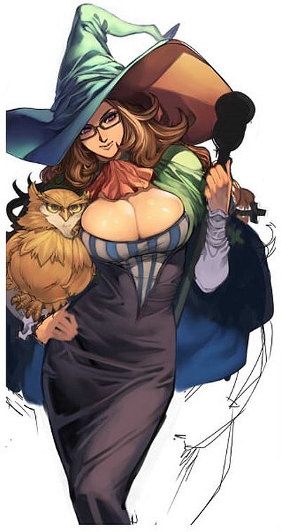 1girl animal bird breasts brown_hair cleavage dress female_focus glasses grand_knights_history hand_on_own_hip hat holding huge_breasts long_hair muse_cromwell oda_non owl red_eyes smile solo standing witch_hat