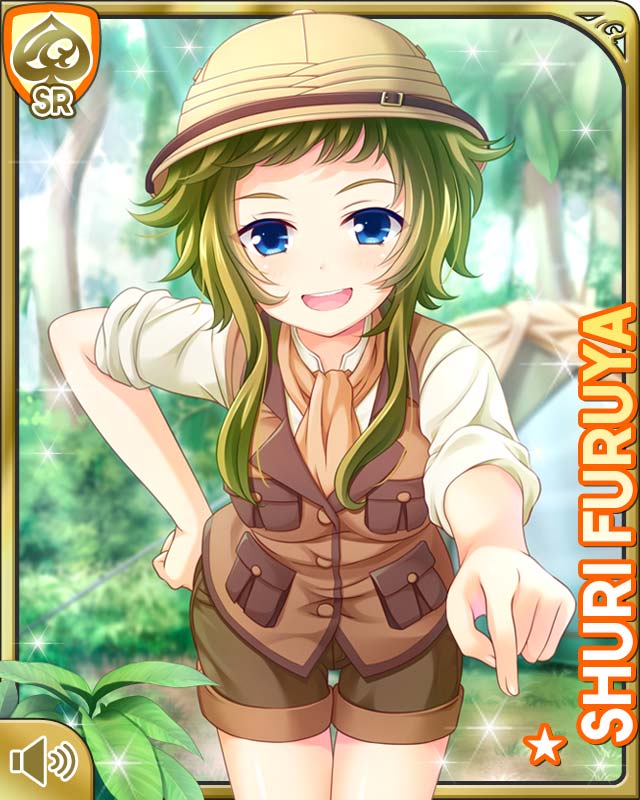 1girl blue_eyes brown_headwear brown_neckwear brown_shorts brown_vest card character_name day forest furuya_shuri girlfriend_(kari) green_hair long_bangs nature official_art open_mouth outdoors pocket qp:flapper shirt short_hair shorts smile standing tagme vest white_shirt