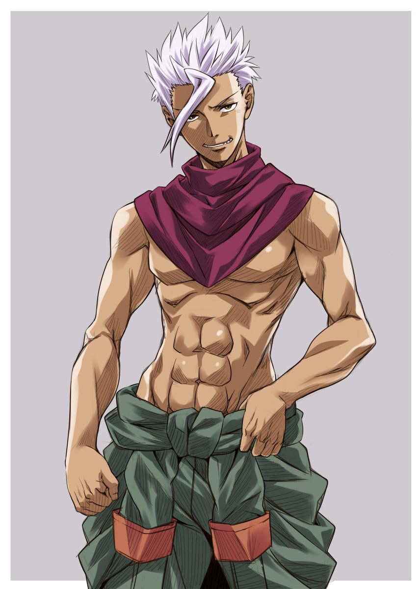 1boy abs brown_eyes clothes_around_waist dark-skinned_male dark_skin grin gundam gundam_tekketsu_no_orphans highres jacket jacket_around_waist looking_at_viewer male_focus nagayori orga_itsuka scarf smile solo toned toned_male topless_male white_hair
