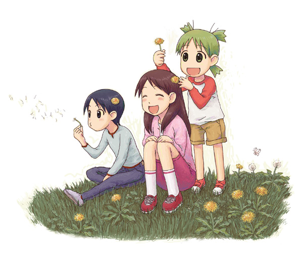 3girls ayase_ena child closed_eyes dandelion dandelion_clock emoncake. flower green_hair hayasaka_miura koiwai_yotsuba multiple_girls quad_tails raglan_sleeves reverse_trap short_hair smile yotsubato!