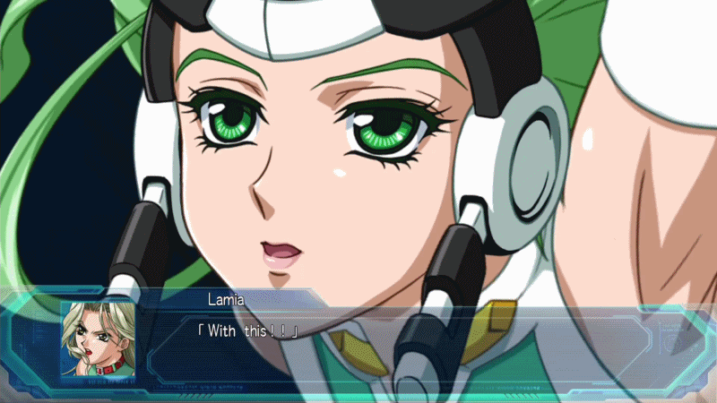 1girl android animated animated_gif aschen_brodel ass ass_shake banpresto bodysuit bouncing_breasts breasts character_name dissolving_clothes female_focus flying gloves green_eyes green_hair jiggle large_breasts lips long_hair matching_hair/eyes portrait smile solo super_robot_taisen_original_generation_the_moon_dwellers super_robot_wars super_robot_wars_og_saga_mugen_no_frontier text_focus