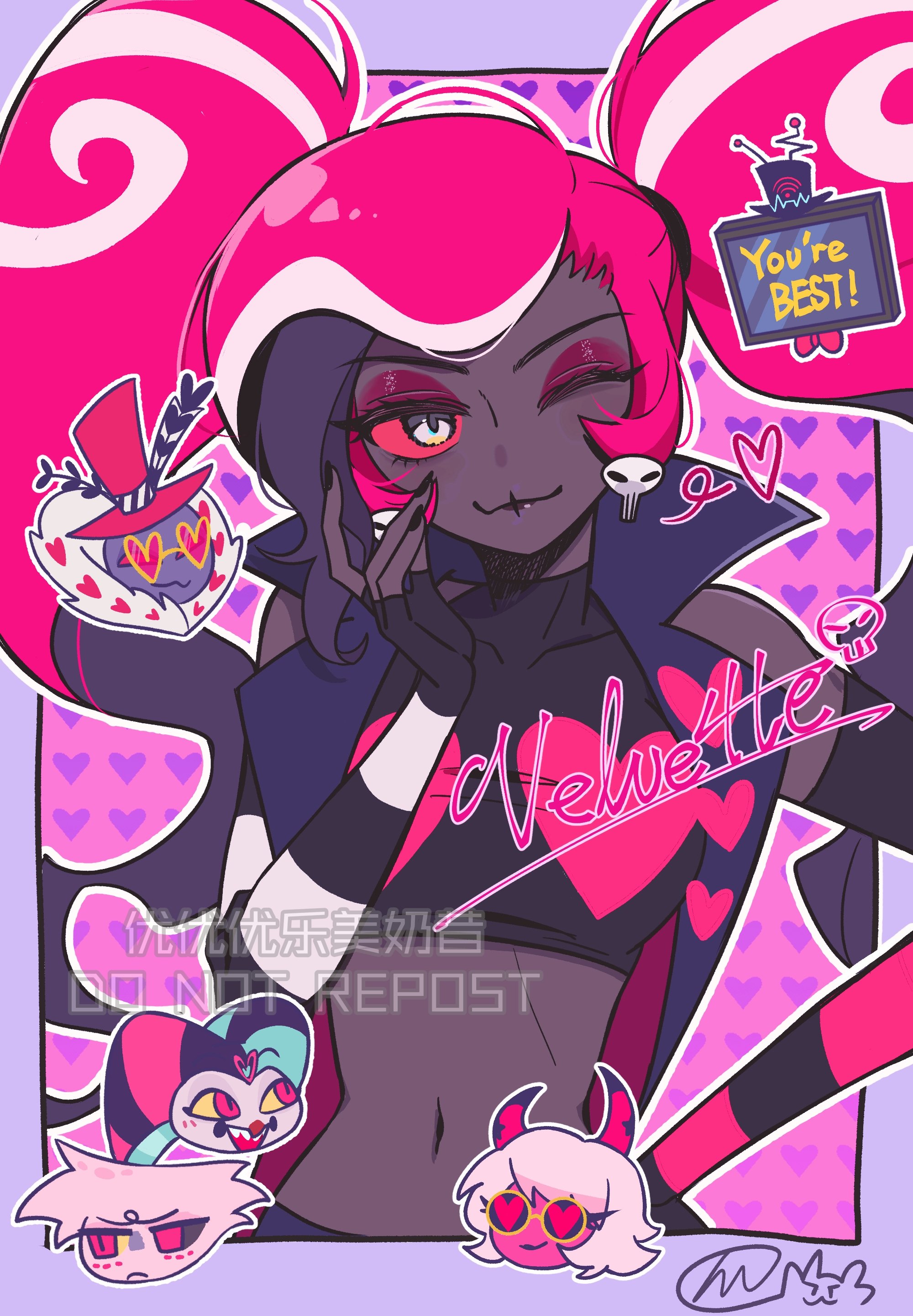 2girls 4boys absurdres angel_dust coat dark-skinned_female dark_skin demon_girl fizzarolli_(helluva_boss) hazbin_hotel helluva_boss highres long_hair looking_at_viewer multiple_boys multiple_girls pink_hair slit_pupils stomach twintails valentino_(hazbin_hotel) velvette_(hazbin_hotel) verosika_mayday very_long_hair vox_(hazbin_hotel) yoyoimilkshake