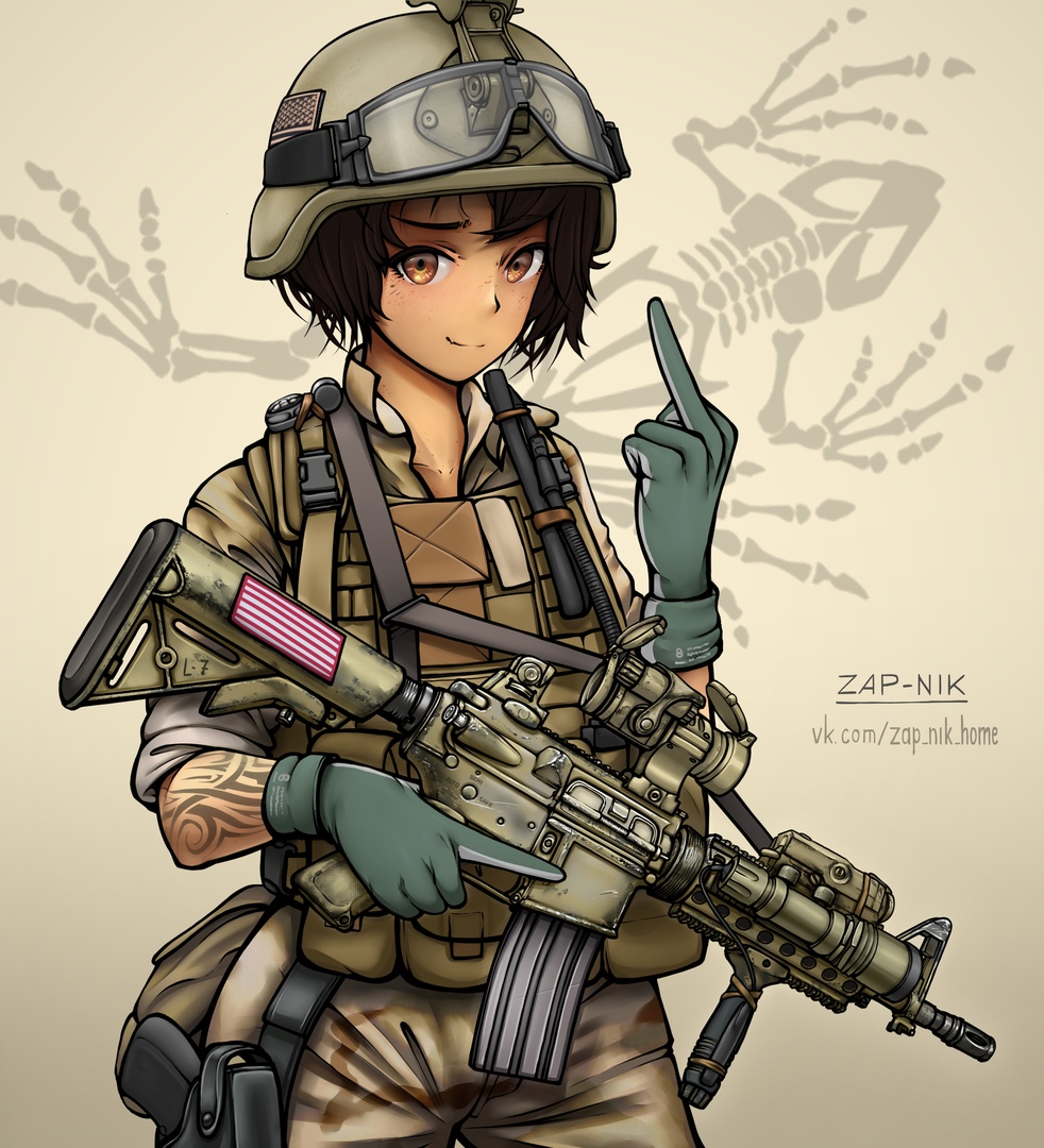 1girl american_flag ammunition_pouch animal_skeleton arm_tattoo artist_name assault_rifle black_hair body_armor brown_helmet brown_pants brown_shirt buckle bulletproof_vest camouflage camouflage_pants closed_mouth collarbone combat_helmet commentary cowboy_shot desert_camouflage english_commentary foregrip gloves goggles goggles_on_headwear gradient_background grey_gloves grey_headwear gun gun_sling handgun helmet holstered iraq_war laser_sight light_brown_background load_bearing_equipment looking_at_viewer m4_carbine middle_finger military military_combat_uniform military_fatigues military_uniform optical_sight orange_eyes original pants pasgt_helmet patch pouch rifle shirt short_hair short_sleeves sleeves_rolled_up smile snap-fit_buckle soldier solo tattoo trigger_discipline two-tone_gloves united_states_army vertical_foregrip vkontakte_username watermark weapon web_address zap-nik