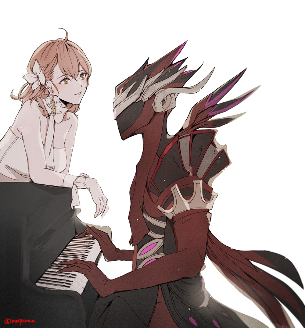 1boy 1girl ahoge antonio_salieri_(fate) antonio_salieri_(first_ascension)_(fate) armor bare_shoulders black_armor bow breasts commentary covered_face dress earrings facing_another fate/grand_order fate_(series) floating_earrings flower fujimaru_ritsuka_(female) fujimaru_ritsuka_(female)_(fgo_orchestra) gloves grin hair_between_eyes hair_flower hair_ornament helm helmet instrument jewelry looking_at_another medium_breasts medium_hair music official_alternate_costume orange_hair piano playing_instrument playing_piano red_armor shino_(mufn5785) simple_background sitting smile strapless strapless_dress twitter_username white_background white_bow white_dress white_flower white_gloves wrist_bow yellow_eyes