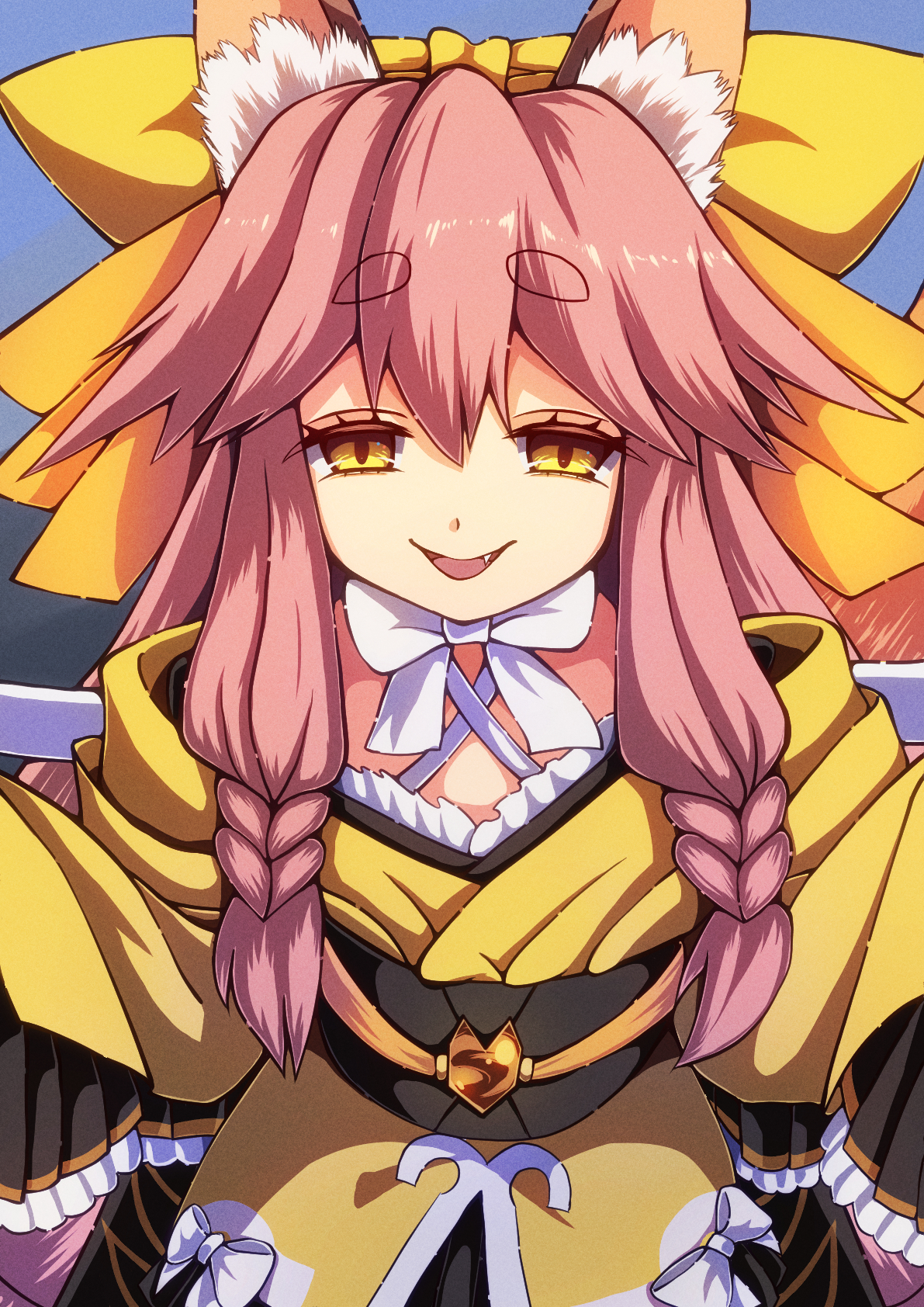 1girl animal_ear_fluff animal_ears bare_shoulders black_skirt bow braid breasts fate/samurai_remnant fate_(series) fox_ears fox_girl fox_tail hair_between_eyes hair_bow highres japanese_clothes kimono long_hair looking_at_viewer obi off_shoulder open_mouth peisuto pink_hair sash sidelocks skirt small_breasts smile solo tail tamamo_(fate) tamamo_aria_(fate) twintails wide_sleeves yellow_bow yellow_eyes yellow_kimono