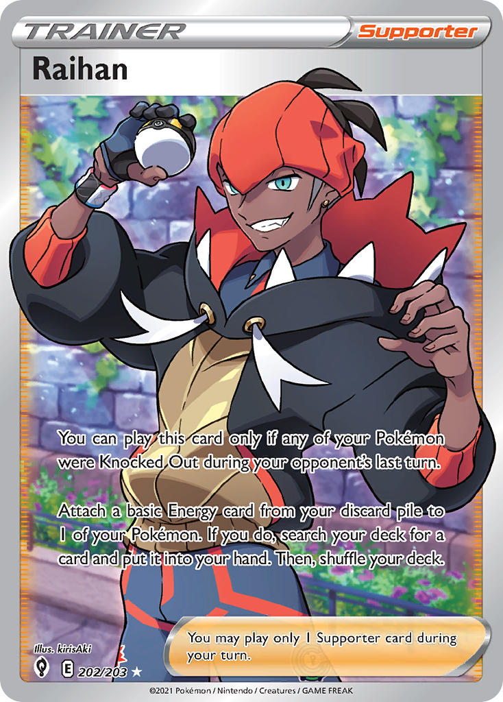 1boy aqua_eyes artist_name black_hair black_hoodie blue_shirt brick_wall card_(medium) character_name collared_shirt company_name copyright_name copyright_notice dark-skinned_male dark_skin dynamax_band earrings english_text fang flower gloves grass grey_hair grin hat holding holding_poke_ball hood hood_down hoodie ivy jewelry kirisaki_(gin16k) male_focus multicolored_hair nintendo official_art orange_hat partially_fingerless_gloves poke_ball pokemon pokemon_card pokemon_swsh pokemon_tcg purple_flower raihan_(pokemon) railing shirt single_glove smile solo teeth third-party_source trading_card two-tone_hair ultra_ball