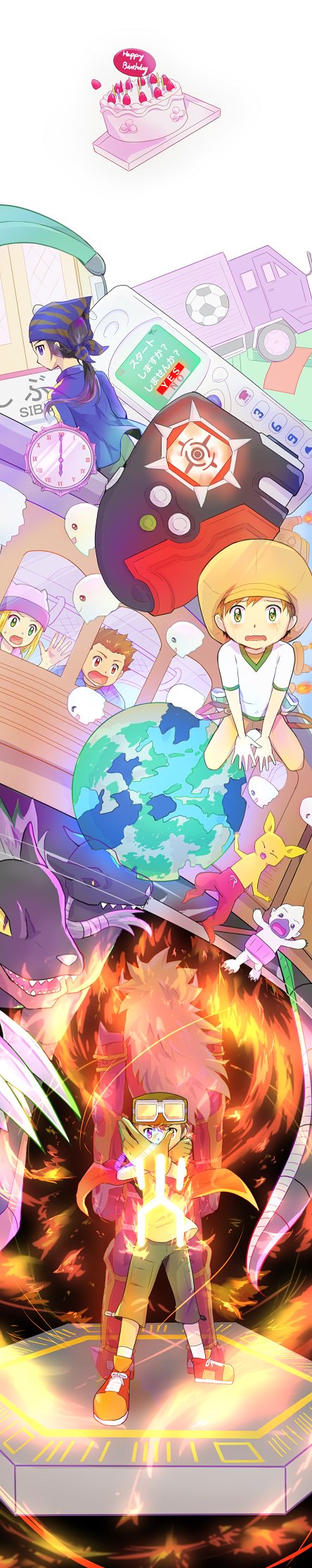agnimon armor blonde_hair bokomon cerberumon digimon fire green_eyes hat highres himi_tomoki jacket kanbara_takuya long_hair minamoto_kouji neamon orimoto_izumi poyomon shibayama_junpei