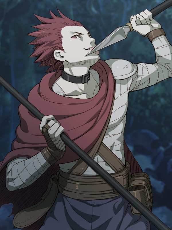1boy armor bandaged_arm bandaged_torso bandages belt belt_collar black_collar blue_pants blurry blurry_background brown_belt brown_bridal_gauntlets brown_eyes chest_harness cloak collar collarbone dual_wielding forest harness holding holding_polearm holding_weapon licking licking_weapon looking_at_viewer male_focus miguel_(octopath_traveler) nature night octopath_traveler octopath_traveler_i pants pauldrons polearm raised_chin red_cloak red_hair shikimiorange short_hair shoulder_armor single_pauldron solo spear spiked_hair toned toned_male upper_body weapon