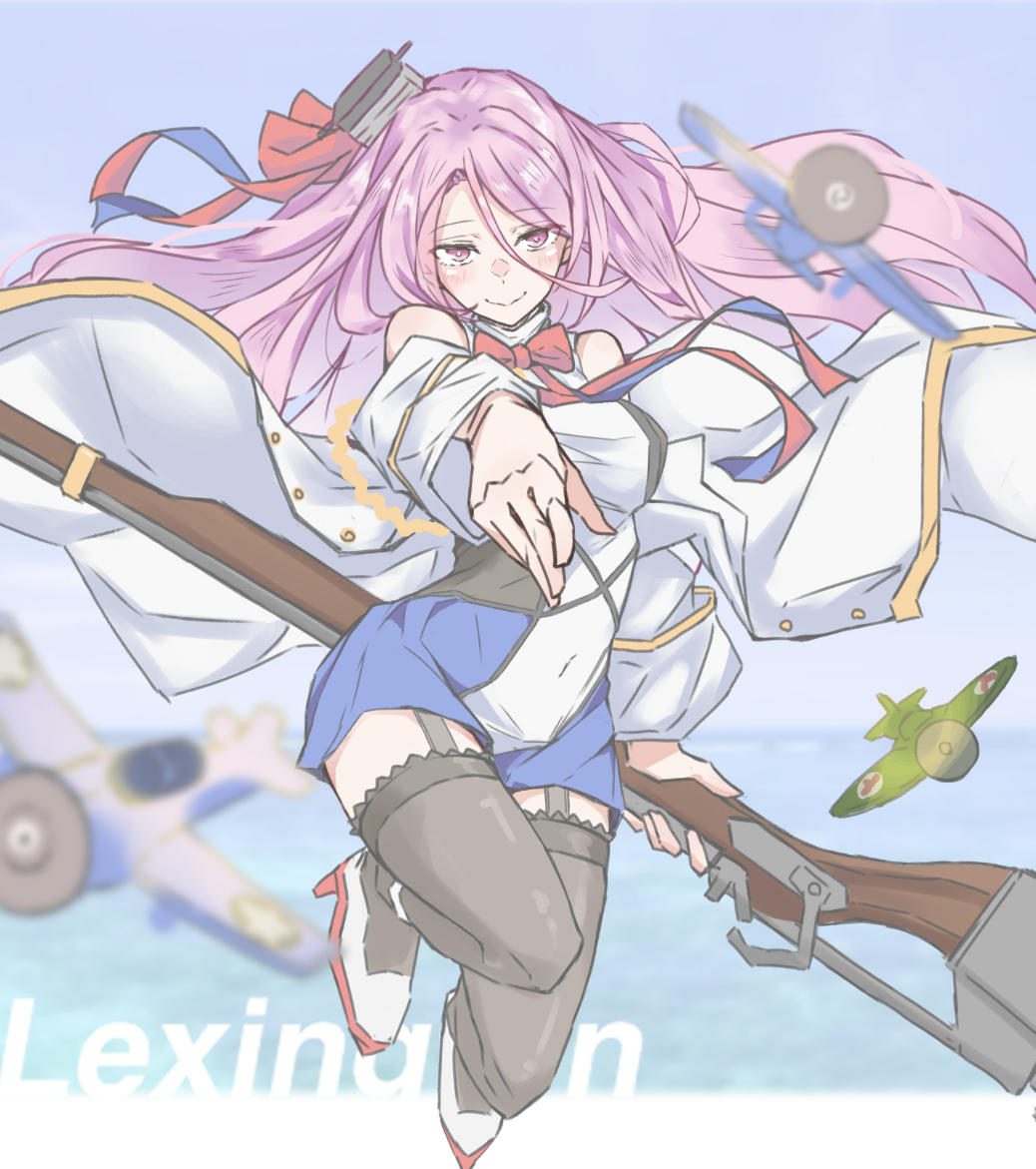 1girl aircraft azur_lane black_thighhighs blush bow bowtie breasts bu4321 character_name covered_navel day dress garter_straps headgear holding holding_weapon jacket lexington_(azur_lane) long_hair ocean off_shoulder pink_hair red_bow red_bowtie ribbon sky smile solo thighhighs water weapon white_jacket