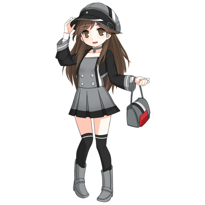 1girl adapted_costume alternate_costume arashio_(kancolle) bag black_socks black_thighhighs brown_eyes brown_hair choker cosplay female_focus gloves hat jewelry kantai_collection kneehighs long_hair military military_uniform necklace open_mouth peaked_cap pigeon-toed prinz_eugen_(kancolle) prinz_eugen_(kancolle)_(cosplay) simple_background skirt smile socks solo thighhighs tun white_background white_gloves