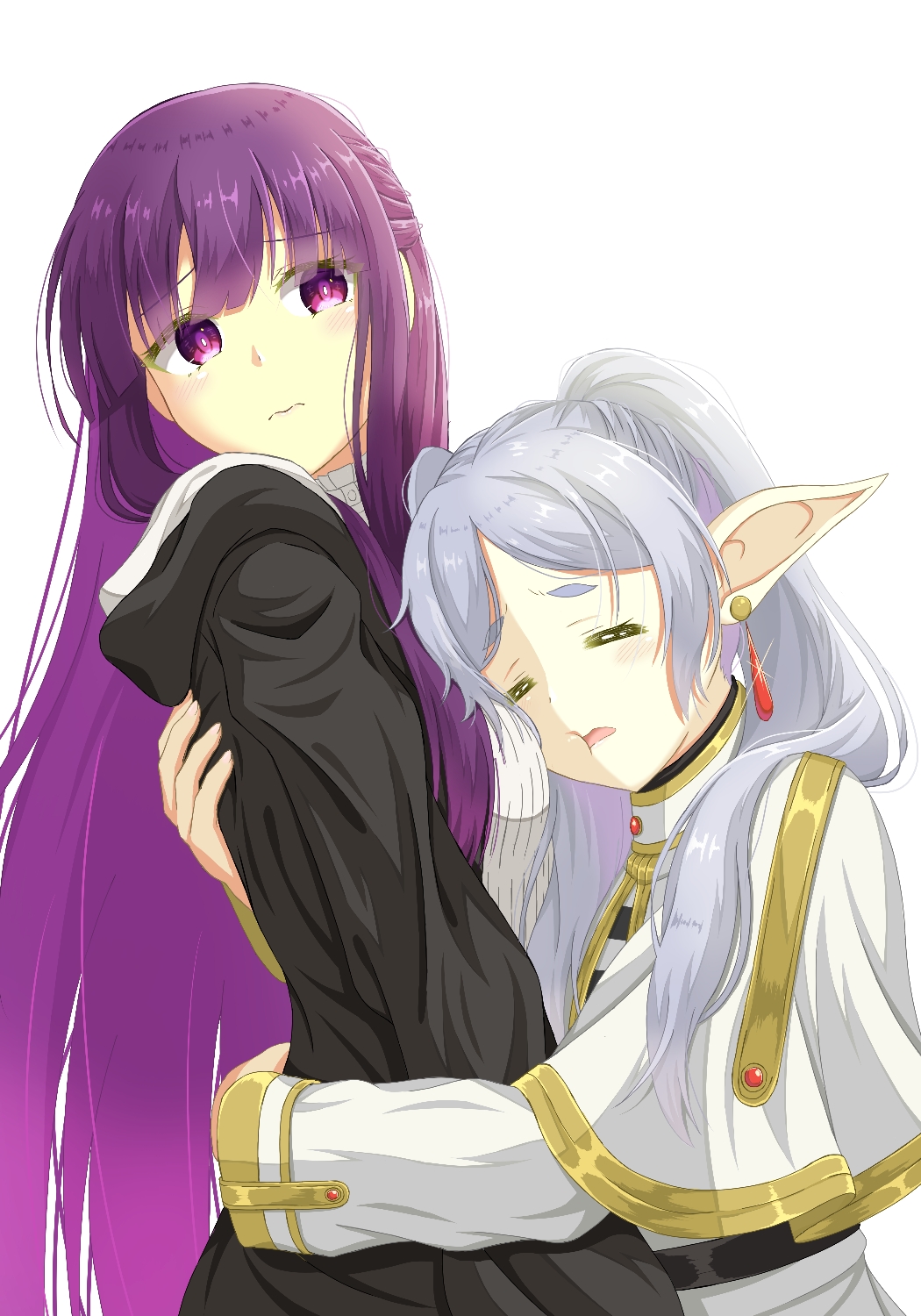 2girls 3: :t =_= awkward blunt_bangs blush breast_smother breasts bright_pupils closed_mouth commentary earrings elf eyelashes eyes_visible_through_hair face_to_breasts fern_(sousou_no_frieren) frieren frown glint grey_hair highres hug jewelry long_hair looking_at_viewer mochimugi_rice multiple_girls open_mouth parted_bangs pointy_ears purple_eyes purple_hair short_eyebrows simple_background sousou_no_frieren straight_hair thick_eyebrows two_side_up upper_body very_long_hair white_background white_pupils