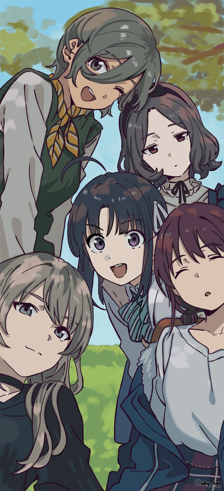 5girls a_whydc ahoge awa_subaru black_choker black_hair black_hairband black_sweater blue_bow blue_bowtie blue_jacket bow bowtie brown_hair choker closed_eyes closed_mouth collarbone commentary diagonal-striped_bow diagonal-striped_bowtie diagonal-striped_clothes diagonal-striped_neckerchief ebizuka_tomo english_commentary girls_band_cry green_sweater_vest grey_eyes grey_hair hair_between_eyes hair_ribbon hairband highres iseri_nina jacket kawaragi_momoka long_hair long_hair_between_eyes looking_at_viewer low_twintails mole mole_under_eye multicolored_hair multiple_girls neckerchief off_shoulder one_eye_closed open_clothes open_jacket open_mouth parted_bangs plaid_clothes plaid_skirt purple_eyes red_eyes red_skirt ribbon ribbon_choker roots_(hair) rupa_(girls_band_cry) shirt shirt_tucked_in short_hair short_twintails sidelocks skirt striped_clothes sweater sweater_vest teeth togenashi_togeari tree twintails twitter_username upper_teeth_only white_ribbon white_shirt yellow_neckerchief