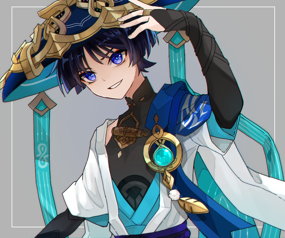 1boy arm_up black_hair black_shirt blue_hat border bridal_gauntlets commentary_request covered_collarbone genshin_impact grey_background grey_border hat jacket jingasa male_focus parted_bangs purple_eyes scaramouche_(genshin_impact) shirt short_sleeves smile solo thick_eyebrows ufo_(23494318) upper_body v-shaped_eyebrows wanderer_(genshin_impact) white_jacket