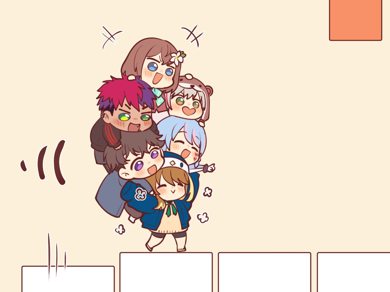 2boys 4girls ^_^ amicia_michella angon623 azura_cecillia bike_shorts black_hair black_shorts black_sweater blonde_hair blue_headwear blue_jacket blush brown_hair carrying carrying_person chibi closed_eyes dark-skinned_male dark_skin facial_tattoo fang flower green_eyes grey_jacket hair_flower hair_ornament hana_macchia highres jacket long_sleeves miyu_ottavia multicolored_hair multiple_boys multiple_girls nijisanji nijisanji_id open_mouth otter_costume pico_park pointing purple_eyes purple_hair reza_avanluna riksa_dhirendra shorts sleeves_past_fingers sleeves_past_wrists smile streaked_hair sweater tattoo v-shaped_eyebrows virtual_youtuber walking white_flower