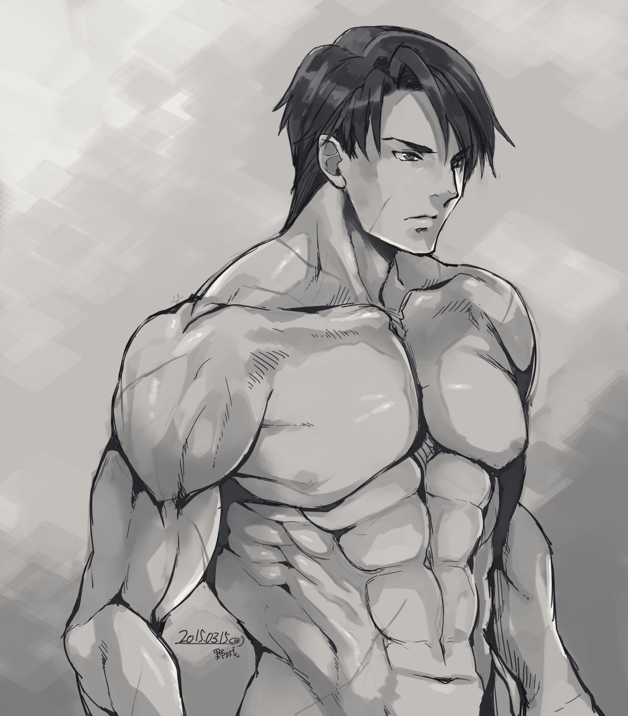 1boy abs bara commentary completely_nude dated fire_emblem fire_emblem:_radiant_dawn forehead greyscale highres large_pectorals male_focus monochrome multiple_scars muscular muscular_male navel nintendo nipples nude parted_bangs pectoral_cleavage pectorals scar serious shadow short_hair simple_background upper_body v-shaped_eyebrows yajiro_masaru zelgius_(fire_emblem)