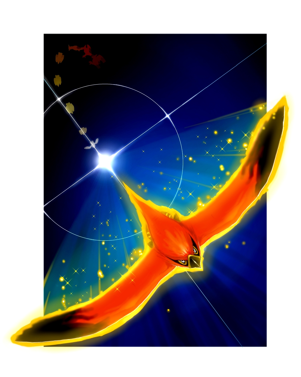 animal_focus aura bird border brave_bird_(pokemon) closed_mouth commentary_request cosmo_(465lilia) flying full_body gen_6_pokemon glint highres motion_blur nintendo no_humans pokemon pokemon_(creature) pokemon_focus pokemon_move solo talonflame white_border