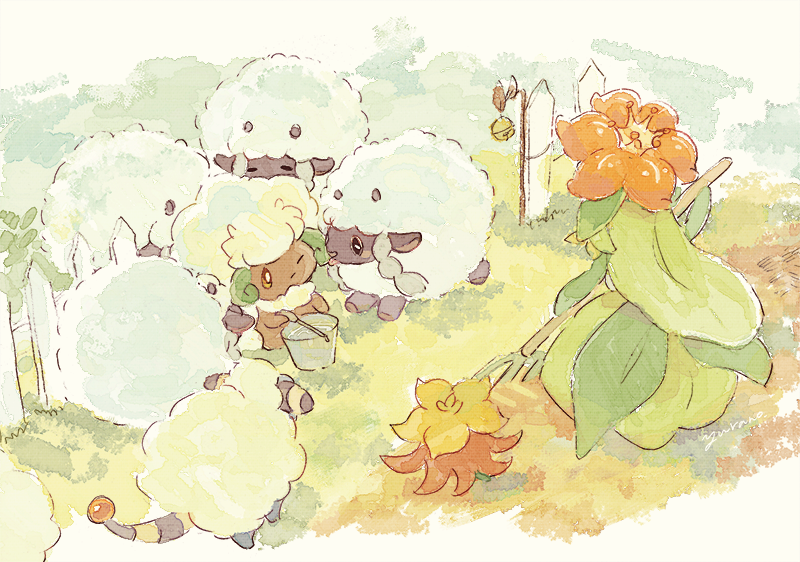 fence gen_2_pokemon gen_5_pokemon gen_8_pokemon gossifleur grass lilligant mareep nintendo picket_fence pokemon pokemon_(creature) tail whimsicott wooden_fence wooloo yurano_(upao)
