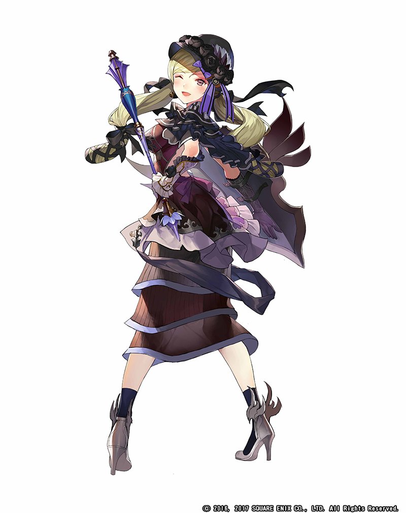 1girl black_ribbon black_socks blonde_hair breasts copyright_notice full_body gaou_(umaiyo_puyoman) gloves grimms_notes hat high_heels holding holding_mace holding_shield holding_weapon large_breasts mace madame_cat_(grimms_notes) official_alternate_costume official_art purple_eyes purple_ribbon ribbon see-through_clothes shield simple_background socks solo weapon white_background