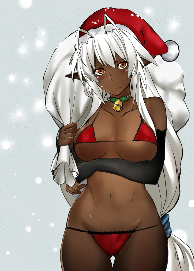 1girl antenna_hair bare_shoulders bikini blush breasts christmas christmas_elf dark-skinned_female dark_elf dark_skin elf female_focus hat long_hair looking_at_viewer maki_ikazuya orange_eyes pointy_ears red_bikini revision sack sansei_muramasa santa_bikini santa_costume santa_hat snow solo soukou_akki_muramasa swimsuit white_hair