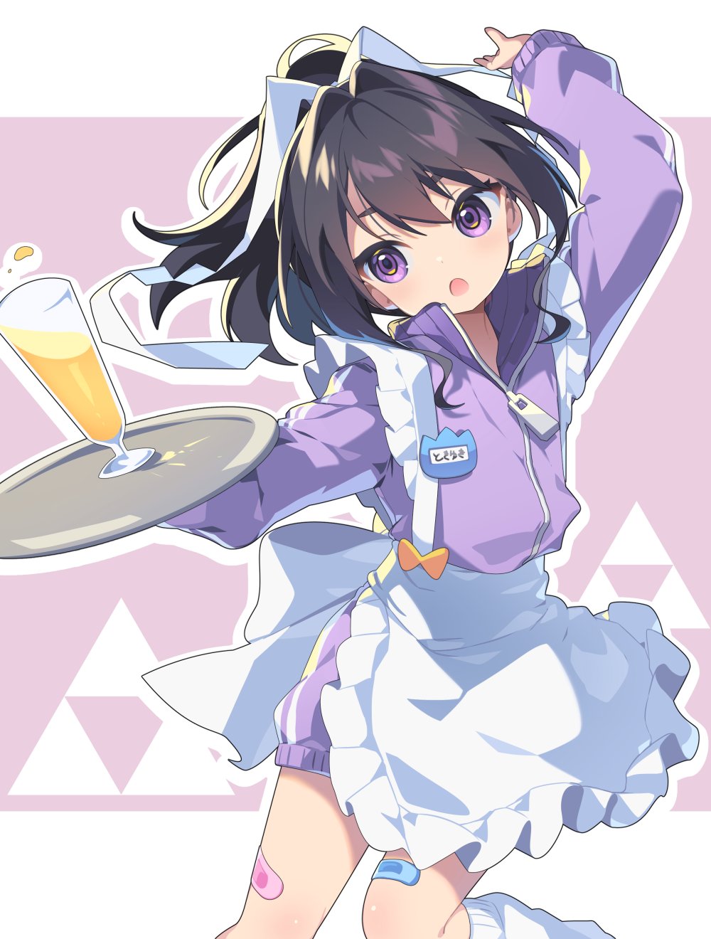 1boy :o alternate_costume androgynous apron arm_up back_bow bandaid bandaid_on_leg black_hair border bow character_name contemporary cowboy_shot curly_sidelocks drink frilled_apron frills glass hair_between_eyes hair_intakes high_collar high_ponytail highres holding holding_tray houjou_tokiyuki_(nige_jouzu_no_wakagimi) jacket jersey_maid kneehighs leg_up long_sleeves looking_at_object loose_socks maid maid_apron mitsu_uroko name_(oiuio) name_tag nige_jouzu_no_wakagimi orange_bow outline pink_background ponytail purple_eyes purple_track_suit shide socks spilling track_jacket tray unconventional_maid v-shaped_eyebrows waist_apron white_border white_bow white_outline white_socks zipper zipper_pull_tab