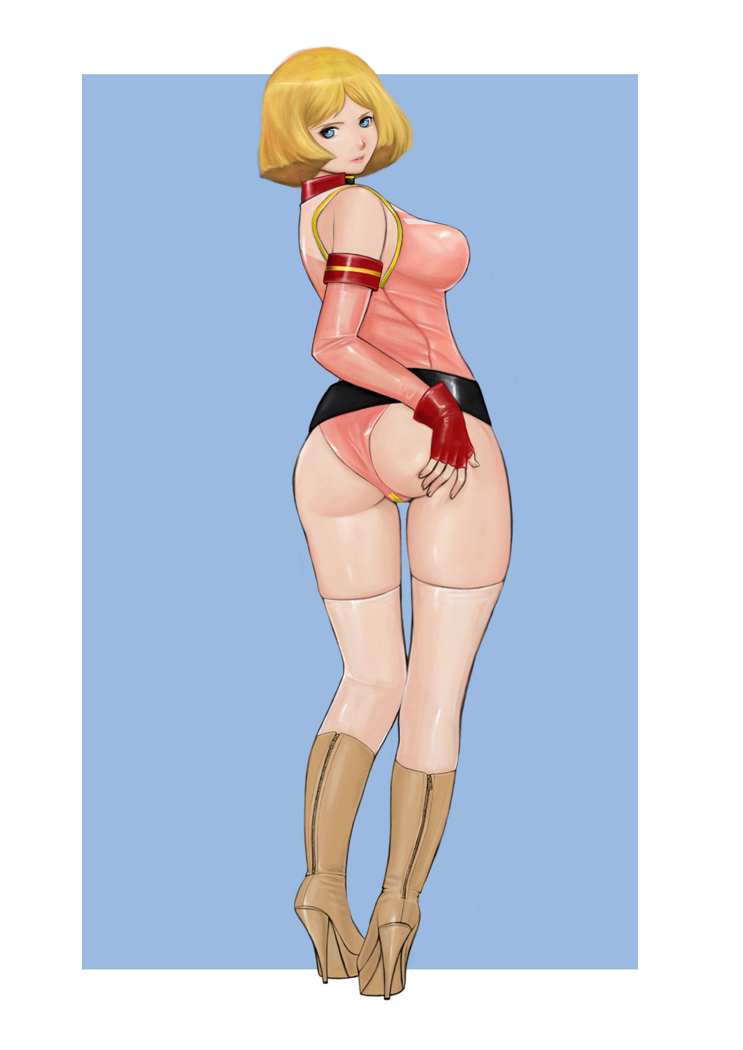 1girl ass blonde_hair blue_eyes boots breasts cosplay female_focus fingerless_gloves gloves gundam gundam_card_builder high_heel_boots high_heels highleg highleg_leotard highres hip_focus komii large_breasts latex latex_legwear leotard looking_at_viewer open_mouth red_eyes reiko_holinger sayla_mass short_hair short_twintails simple_background solo stiletto_heels thick_thighs thighhighs thighs twintails white_thighhighs