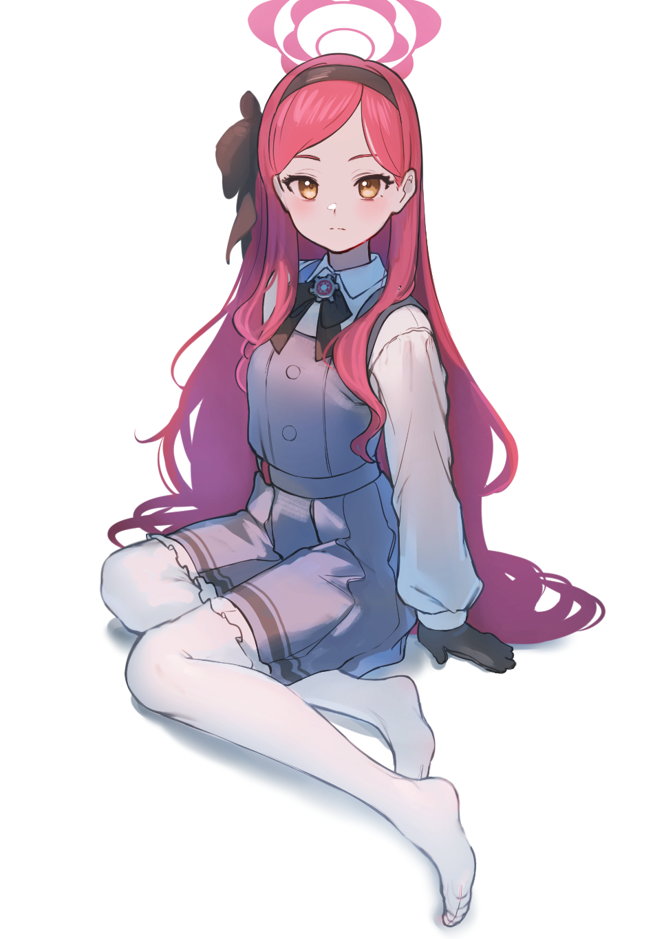 1girl black_ribbon blue_archive brooch closed_mouth collared_shirt dress expressionless feet full_body grey_dress halo highres jewelry long_hair long_sleeves marulire neck_ribbon no_shoes pantyhose pinafore_dress red_hair red_halo ribbon shirt simple_background sitting sleeveless sleeveless_dress solo swept_bangs takane_(blue_archive) toes very_long_hair wavy_hair white_background white_pantyhose white_shirt yellow_eyes yokozuwari