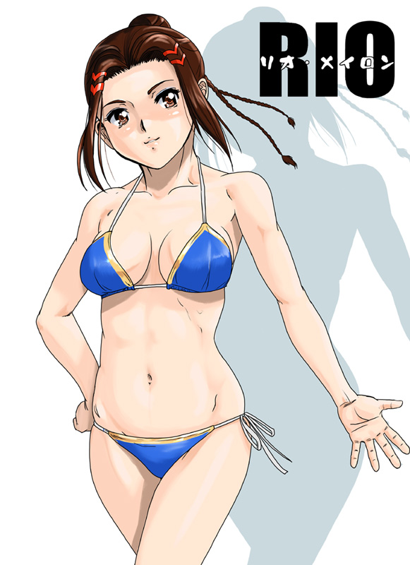 1girl banpresto bikini blue_bikini female_focus rio_meilong shiny_skin shu-z side-tie_bikini_bottom solo super_robot_wars swimsuit