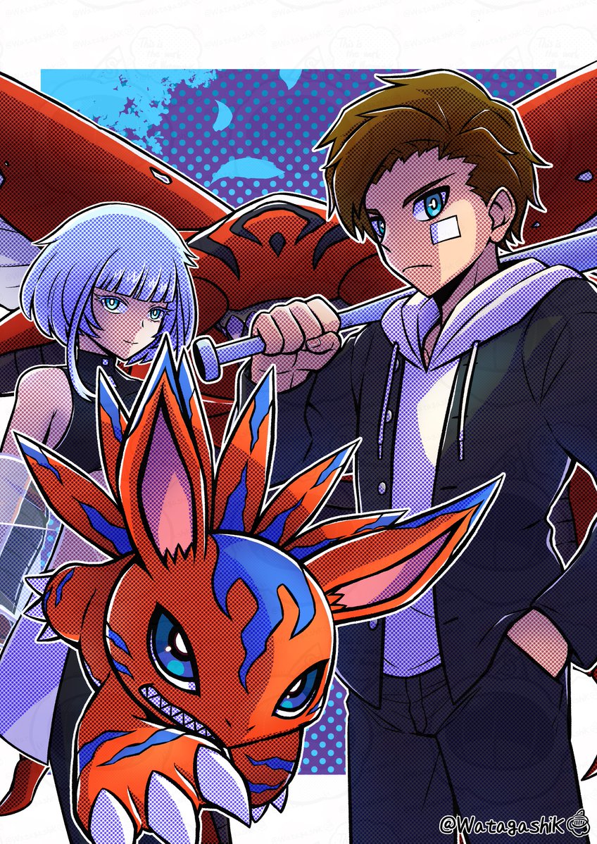 baseball_bat black_jacket black_shirt blue_eyes blue_hair brown_hair bug cowboy_shot crop_top digimon digimon_(creature) digimon_paradox elecmon eve_(digimon) group_picture halftone holding holding_baseball_bat hood hoodie jacket kuwagamon red_fur sharp_teeth shinonome_reiji shirt short_hair teeth twitter_username watagashikn white_hoodie