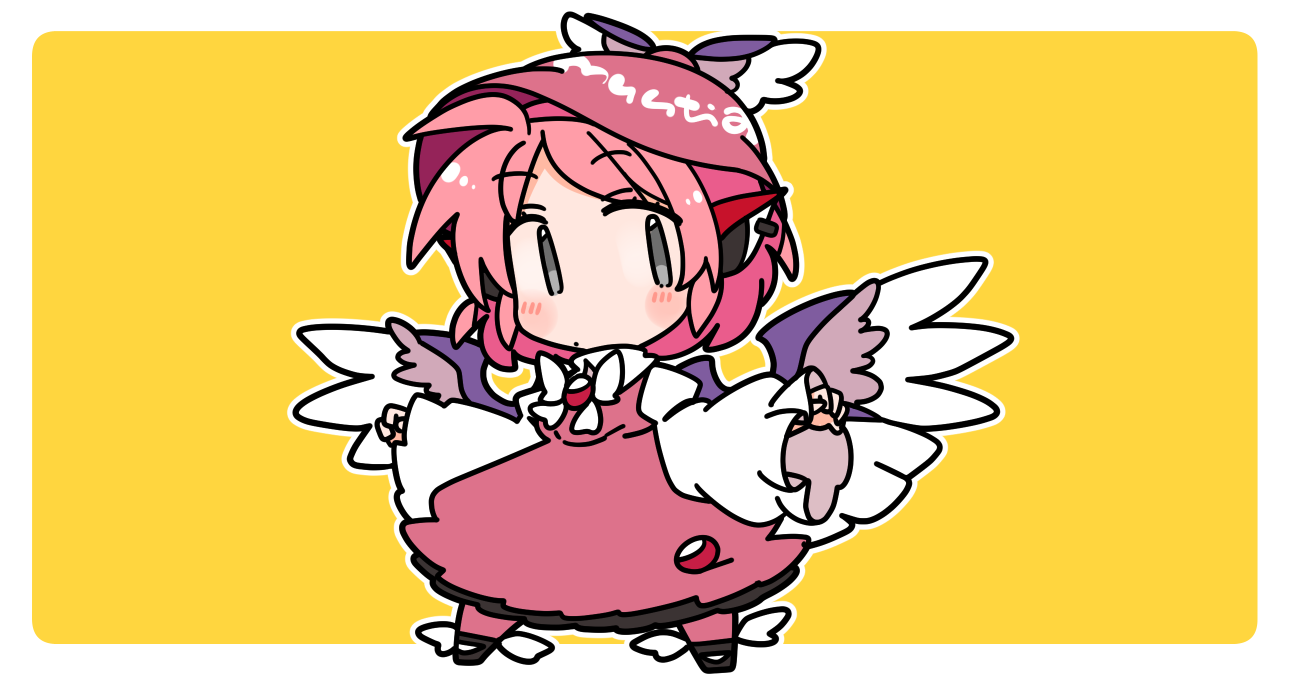 1girl animal_ear_piercing animal_ears bird_ears bird_wings black_shoes blush border brown_dress brown_hat brown_socks closed_mouth commentary_request dress full_body hat ini_(inunabe00) long_sleeves looking_at_viewer mystia_lorelei outline outside_border pink_hair shirt shoes short_hair simple_background socks solo touhou white_border white_outline white_shirt winged_hat winged_shoes wings yellow_background