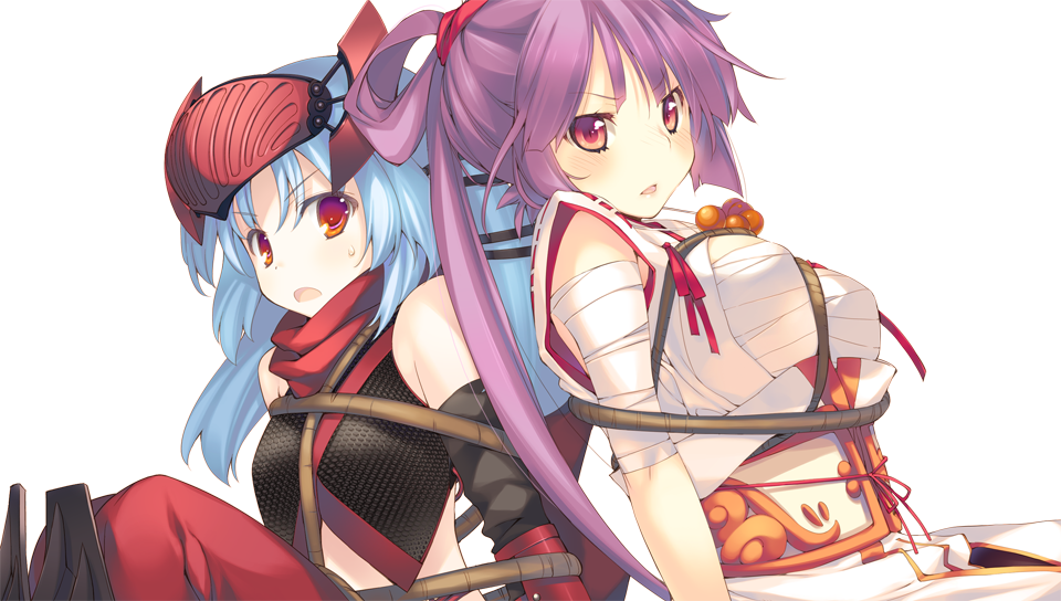 2girls aquaplus back-to-back black_hair bound dungeon_travelers_2 game_cg houzouji_yae kokonoka long_hair looking_at_viewer multiple_girls official_art open_mouth purple_hair red_eyes sweatdrop tied_up transparent_background tsurara_(dungeon_travelers_2)