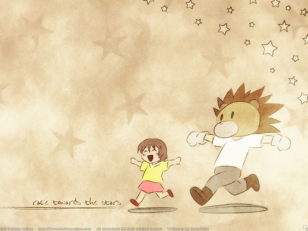 00s 1boy 1girl :d ^_^ ankle_boots blush boots brown_background brown_boots closed_eyes creature full_body futatsu_no_spica gloves kamogawa_asumi lion lion_(futatsu_no_spica) open_mouth pants pink_skirt running shirt shoes simple_background skirt smile twin_spica white_shirt yellow_shirt