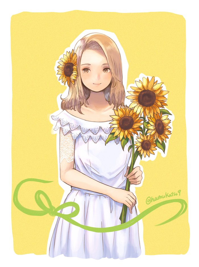 1girl blonde_hair breasts brown_eyes closed_mouth dress flower hair_flower hair_ornament long_hair looking_at_viewer ma-hain-scarlet original smile solo sunflower