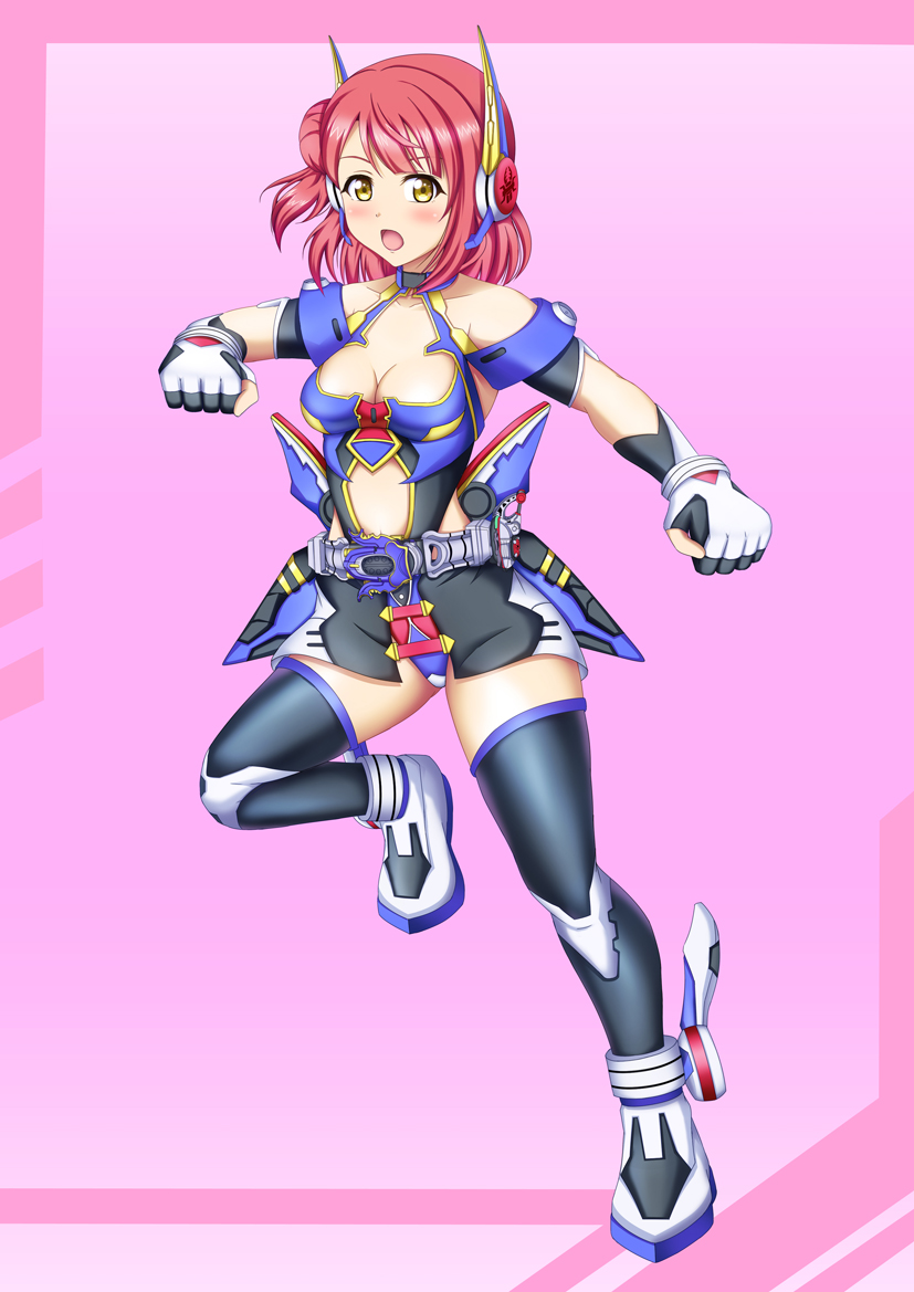 1girl armor armored_dress artist_name artist_request bare_shoulders black_legwear black_shorts blush braid braided_bun breasts cleavage collarbone dress female_focus gloves green_eyes hair_bun kamen_rider kamen_rider_gatack kamen_rider_kabuto_(series) looking_at_viewer love_live! love_live!_nijigasaki_high_school_idol_club orange_hair parted_lips red_hair rider-tan rider_belt shoes short_hair shorts side_bun single_hair_bun smile solo uehara_ayumu white_gloves white_shoes yellow_eyes
