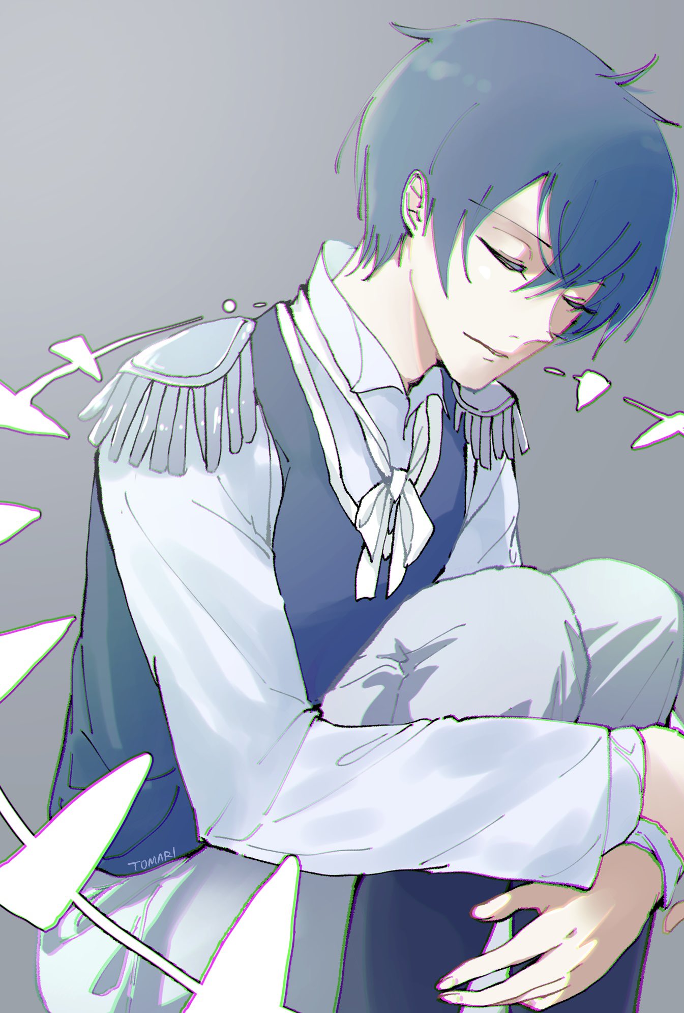 1boy adam_moonlit black_boots blue_hair boots closed_eyes closed_mouth collared_shirt commentary epaulettes evillious_nendaiki fetal_position gear_(evillious_nendaiki) grey_background heartbeat_clocktower_(vocaloid) highres kaito_(vocaloid) knees_to_chest male_focus pale_skin pants shirt short_hair sleeveless sleeveless_jacket tomari_drew vocaloid white_pants white_shirt