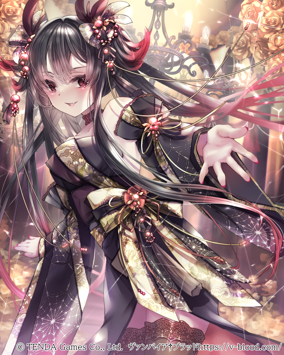 bare_shoulders black_choker black_hair black_kimono black_sleeves black_thighhighs breasts chandelier chikaede choker commentary_request copyright_name copyright_notice detached_sleeves fang flower gradient_hair hane_segawa highres indoors japanese_clothes kimono lace lace-trimmed_thighhighs lace_trim large_breasts long_sleeves looking_at_viewer multicolored_hair nail_polish obi official_art open_mouth outstretched_arms pink_nails print_kimono print_sleeves red_eyes red_hair sash sleeveless sleeveless_kimono smile spider_web_print spread_arms thighhighs vampire_blood wide_sleeves yellow_flower