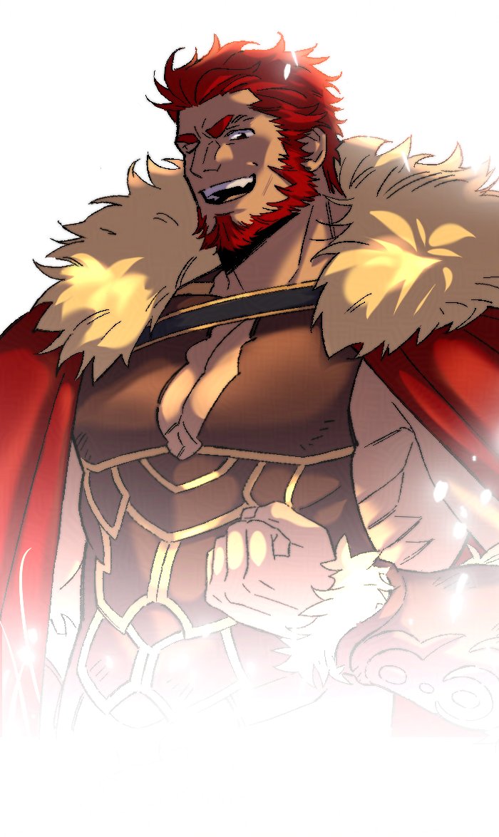 1boy bara beard cape clenched_hand commentary_request facial_hair fate/grand_order fate/zero fate_(series) fur-trimmed_cape fur_trim iskandar_(fate) jaeun90_(lju90) korean_commentary large_pectorals male_focus muscular muscular_male one_eye_closed pectoral_cleavage pectorals red_cape red_facial_hair red_hair short_hair solo