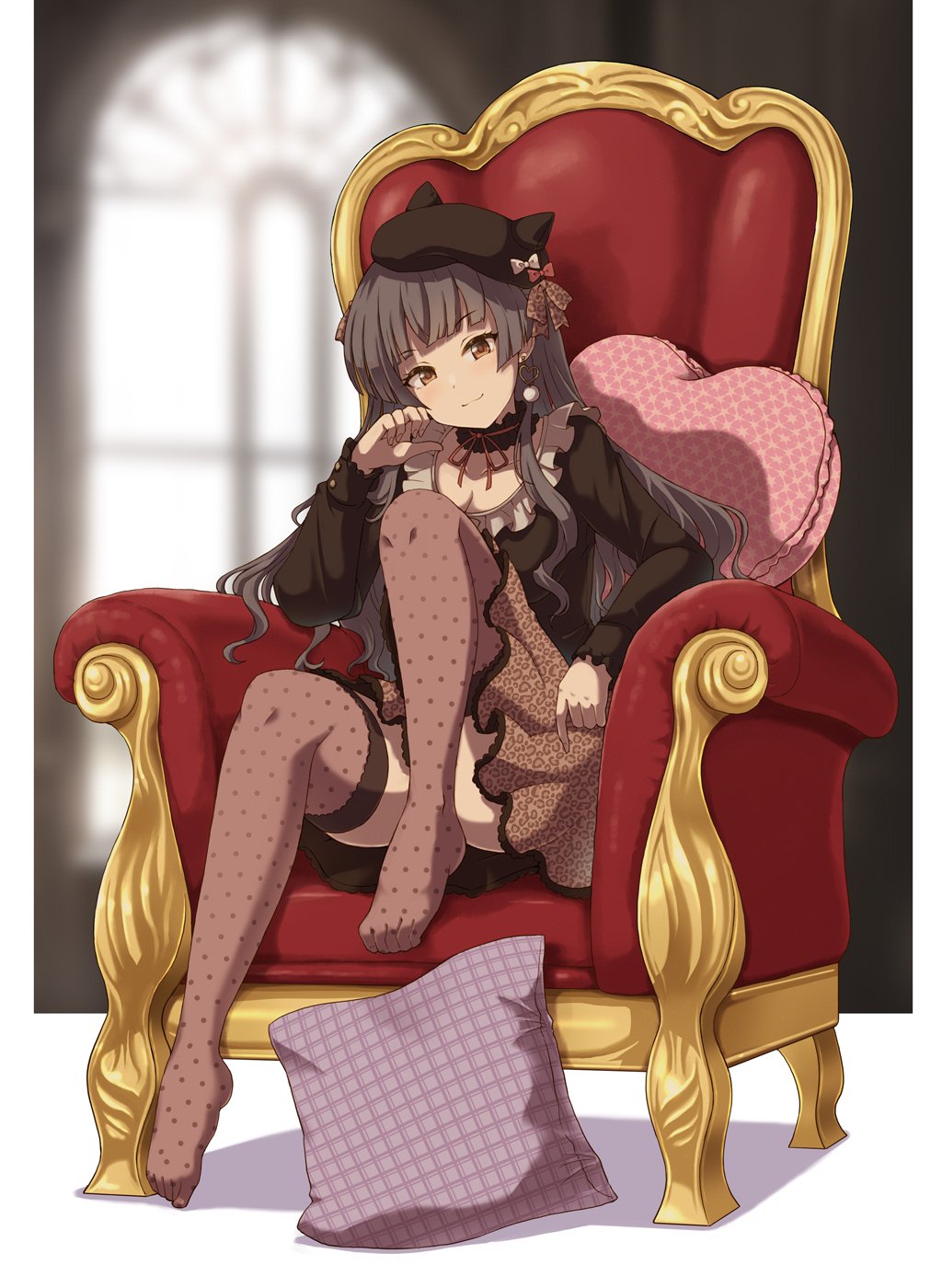 1girl animal_print beret black_hair black_hat black_shirt black_thighhighs blurry blurry_background brown_eyes brown_skirt chair choker commentary_request frilled_choker frilled_shirt_collar frills hand_up hat heart heart-shaped_pillow highres idolmaster idolmaster_shiny_colors legs leopard_print long_hair long_sleeves looking_at_viewer mayuzumi_fuyuko no_shoes on_chair pillow polka_dot_thighhighs red_ribbon ribbon satomura_kyou shirt sidelocks sitting skirt smile smug solo thighhighs thighs window